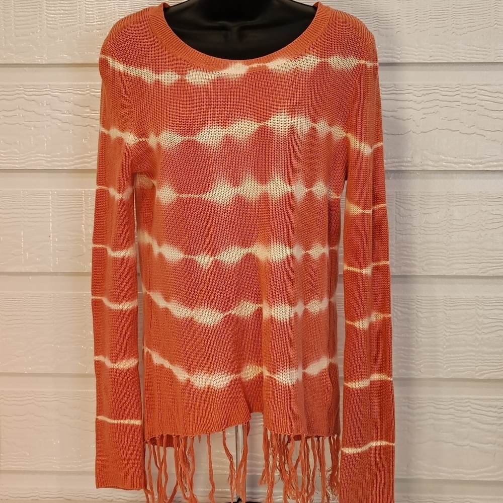 Small  Tie-Dye Pink Striped Split Back Fringe Knit Sweater Boho Fall Winter Cozy